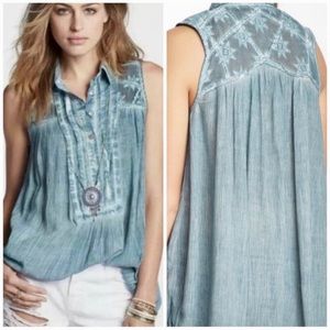 NWOT Free People blue half button down high low tunic with embroidered lace sz S